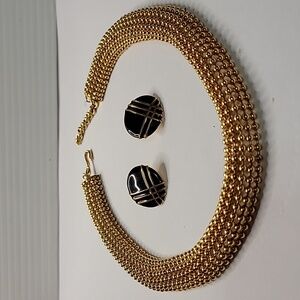 NAPIER coil bead necklace Gold tone and pierced earrings gold and black